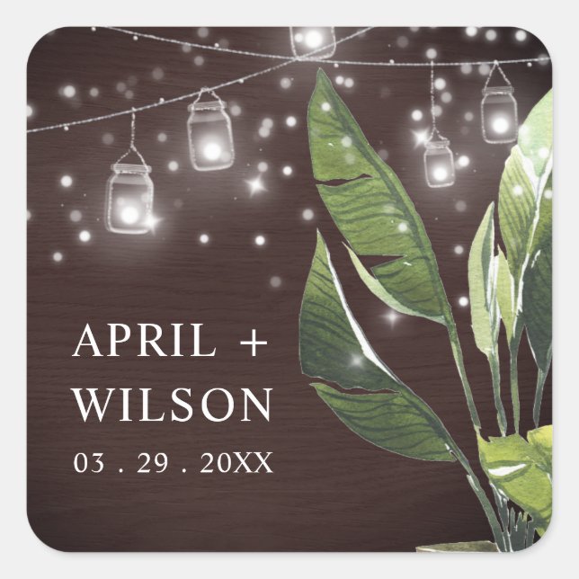 TROPISCHES HOLZPALMA STARRY NACHT MASON JAR WEDD QUADRATISCHER AUFKLEBER (Vorderseite)