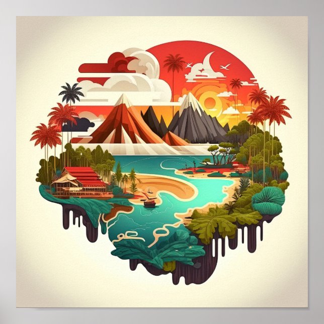 Tropisches Inselmeer mit Vulkanen Poster (Vorne)
