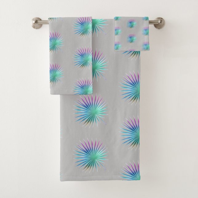 TROPISCHES IRIDESCENT PALM GRAU BADEZIMMER TOWEL S BADHANDTUCH SET (Insitu)