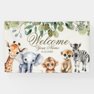 Tropisches Jungle Safari Tiere Grüne Blätter Party Banner