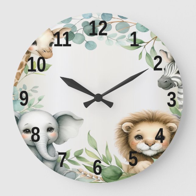 Tropisches Jungle Safari Tiere Grüne Blätter Party Große Wanduhr (Vorderseite)