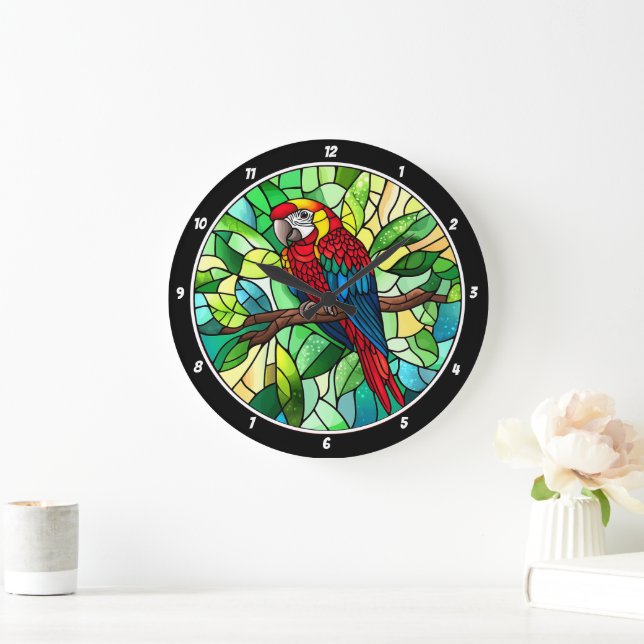 Tropisches Kaleidoskop" - Hartglaspapagei Große Wanduhr (Zuhause)