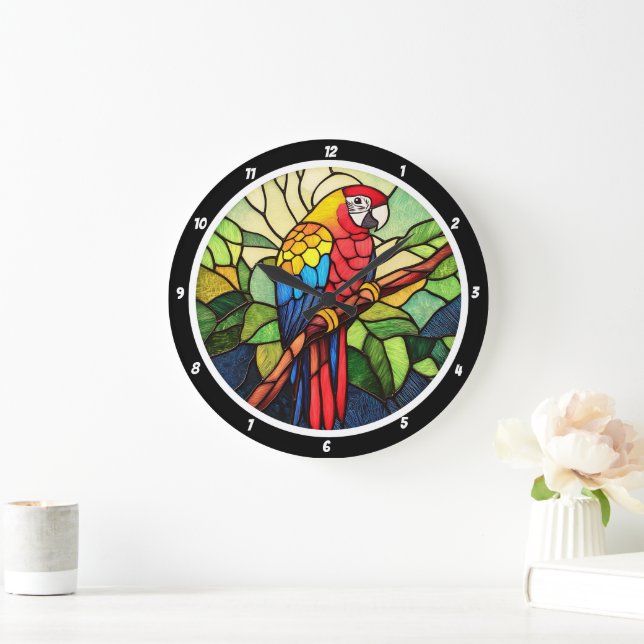 Tropisches Kaleidoskop" - Hartglaspapagei Große Wanduhr (Zuhause)