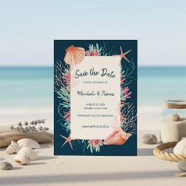 Tropisches Korallenriff | Navy Blue Beach Seashell Save The Date