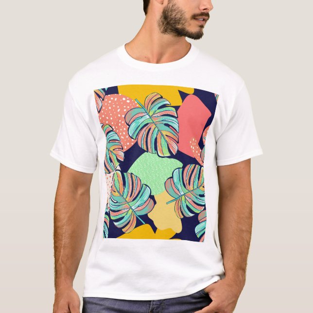 Tropisches Kunstwerk: farbenfrohe Monstera-Gestalt T-Shirt (Vorderseite)