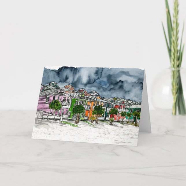 tropisches Kunstzeichnen der Strandhäuser Karte (Vorderseite)