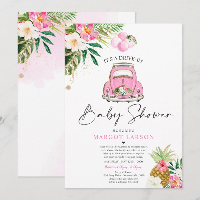 Tropisches Laufwerk mit Baby Shower Ananas Drive T Einladung (Vorne/Hinten)