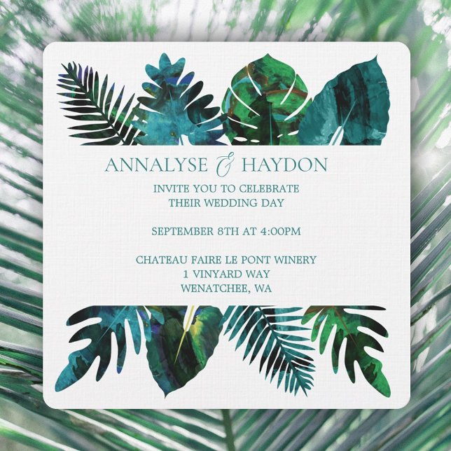 Tropisches Leaf Aquamarin grünes Monstera-Blätter  Einladung (tropical teal green island leaves wedding invitations, vibrant monstera leaves, ferns, & palm leaves)