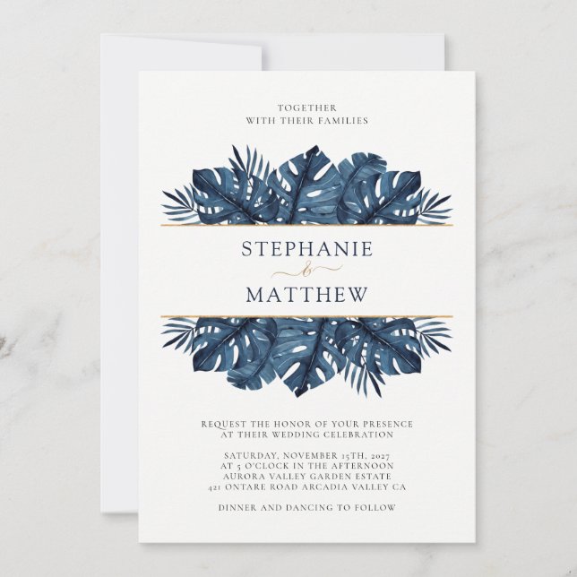 Tropisches Leaf Botanical Gold Navy Blue Wedding Einladung (Vorderseite)