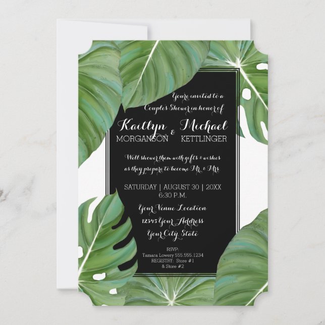Tropisches Leaf Foliage Beach Moderne Paare Dusche Einladung (Vorderseite)