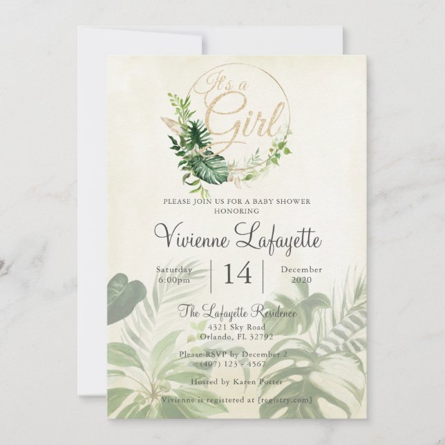 Tropisches Leaf-Foliage mit Girl-Babydusche Einladung (Vorderseite)