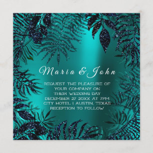 Tropisches Leaf Glitzer Garden Blue Navy Aquamarin Einladung