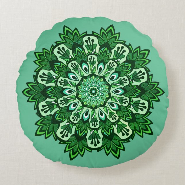 Tropisches Leaf Mandala auf Green Mist Boho Rundes Kissen (Vorderseite)