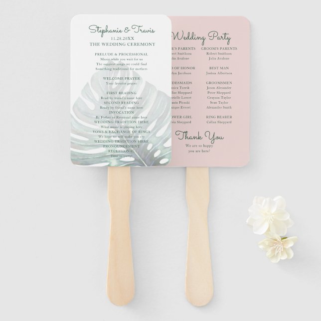 Tropisches Leaf Monstera Palm Pink Hochzeitsprogra Fächer (Vorne und Hinten)