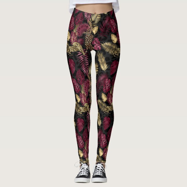 Tropisches Leaf-Muster aus Burgund Leggings (Vorderseite)