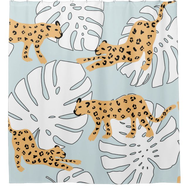 Tropisches Leopardentier und Monstera-Palmen-Blätt Duschvorhang (Vorderseite)