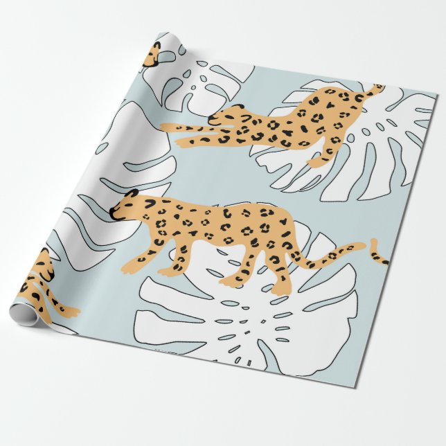 Tropisches Leopardentier und Monstera-Palmen-Blätt Geschenkpapier (Ungerollt)