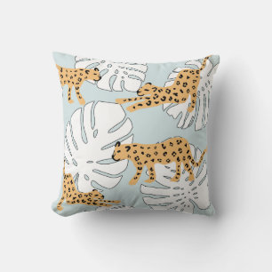 Tropisches Leopardentier und Monstera-Palmen-Blätt Kissen