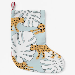 Tropisches Leopardentier und Monstera-Palmen-Blätt Kleiner Weihnachtsstrumpf