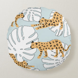 Tropisches Leopardentier und Monstera-Palmen-Blätt Rundes Kissen