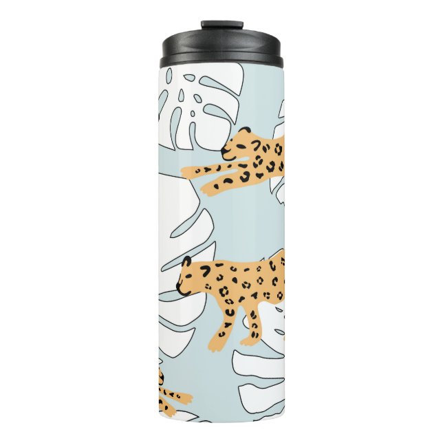 Tropisches Leopardentier und Monstera-Palmen-Blätt Thermosbecher (Vorderseite)
