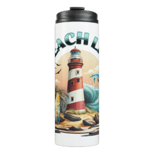 Tropisches Leuchtturm-Leben am Strand Thermosbecher