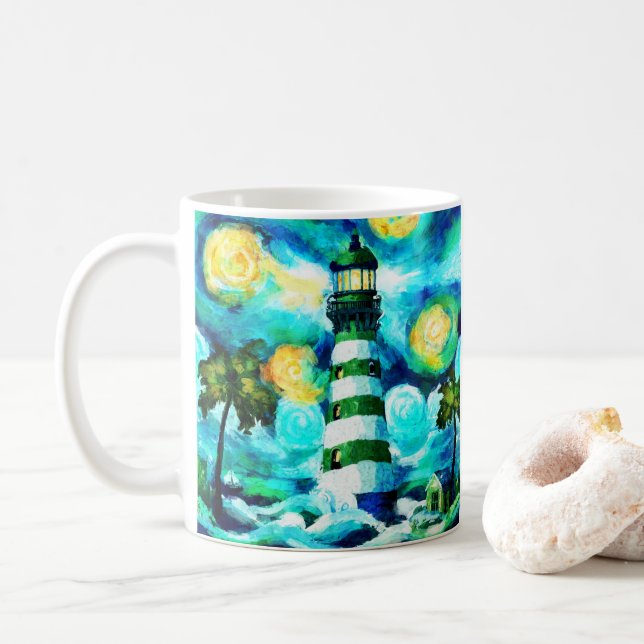 Tropisches Leuchtturm und Palmen beeindruckend Kaffeetasse (Mit Donut)