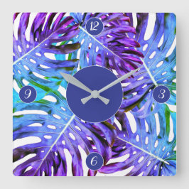 Tropisches Lila Blaues Monstera-Leaf-Muster Quadratische Wanduhr