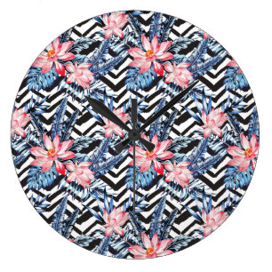 Tropisches Lotos-Blumen-Muster Große Wanduhr