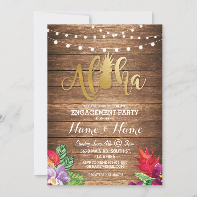 Tropisches Luau Aloha BlumenVerlobungs-Party laden Einladung (Vorderseite)
