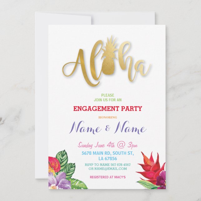 Tropisches Luau Aloha BlumenVerlobungs-Party laden Einladung (Vorderseite)