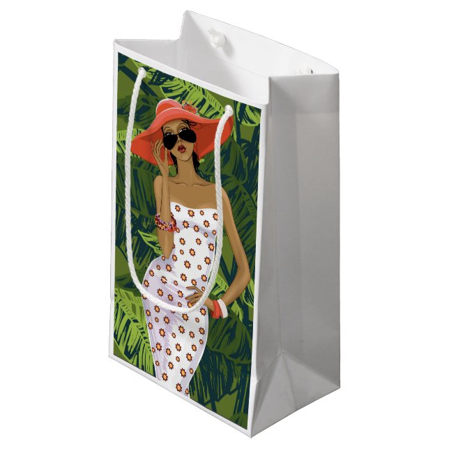 Tropisches Mädchen mit großem Red Hat Kleine Geschenktüte (Vorderseite Schrägansicht)