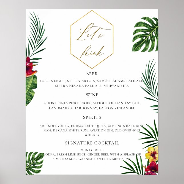 Tropisches Menü für Hochzeiten Bar Poster (Vorne)