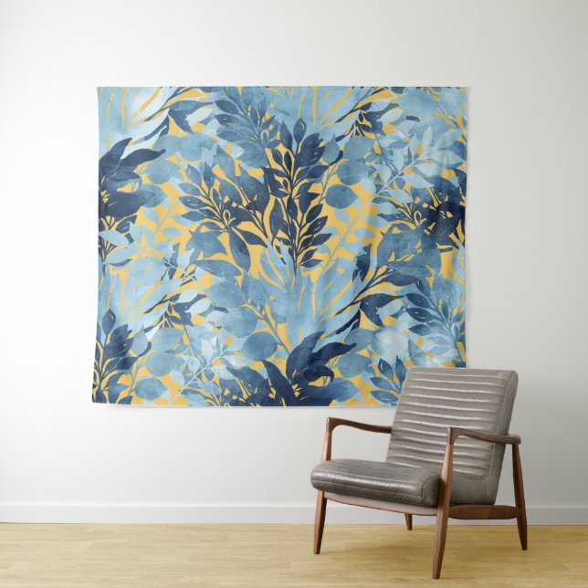Tropisches Metallic-blaues Blattdesign Wandteppich (Beispiel (Horizontal))