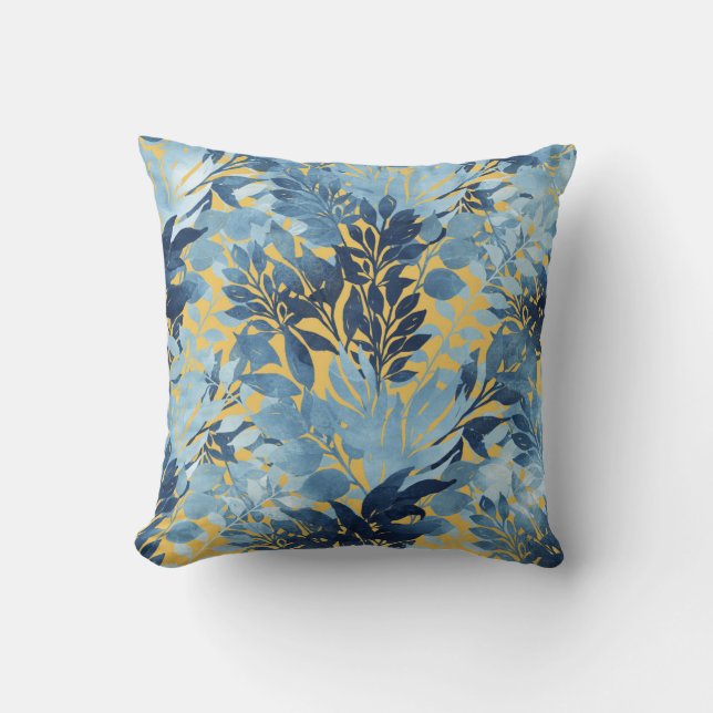 Tropisches Metallisches Blaues Blattdesign Kissen (Vorderseite)