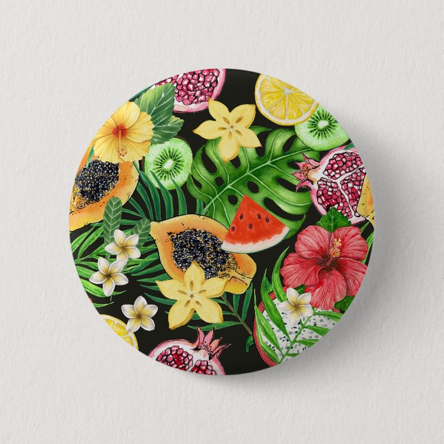 Tropisches Mischobst, Blume und Blätter auf schwar Button (Vorderseite)