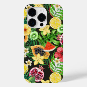 Tropisches Mischobst, Blume und Blätter auf schwar Case-Mate iPhone 14 Pro Hülle