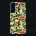 Tropisches Mischobst, Blume und Blätter auf schwar Samsung Galaxy Hülle<br><div class="desc">Handgemalte Mischung aus verschiedenen tropischen Früchten,  Blume und Blätter</div>