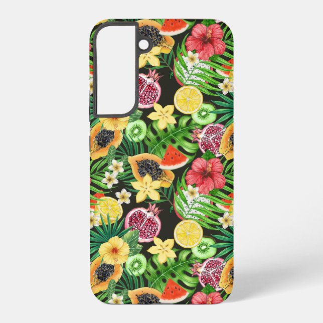 Tropisches Mischobst, Blume und Blätter auf schwar Samsung Galaxy Hülle (Rückseite)