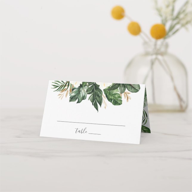 Tropisches modernes Palm Beach Floral Gold Leaf Platzkarte (Vorderseite)