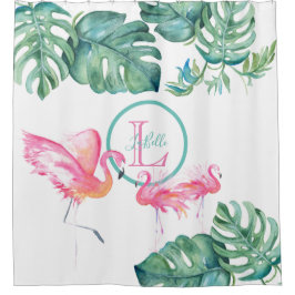 Tropisches Monogramm rosa Flamingo Badezimmer Deko Duschvorhang