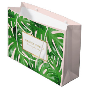 Tropisches Monstera-Blätter Wasserfarbe Rosa Große Geschenktüte