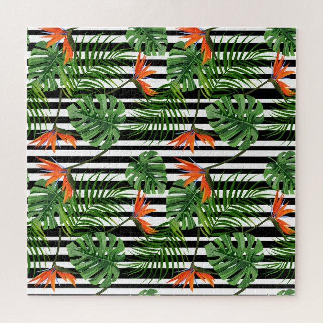 Tropisches Monstera-Gestreiftes Botanisches Muster (Horizontal)