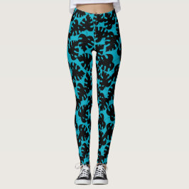 Tropisches Monstera-Muster in Schwarz und Aqua Bla Leggings