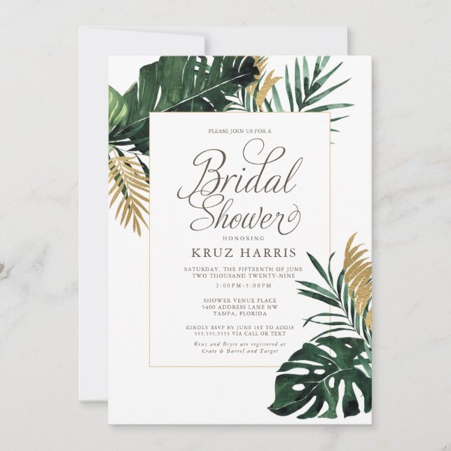 Tropisches Monstera und Gold Leaf Brautparty Einladung (Vorderseite)