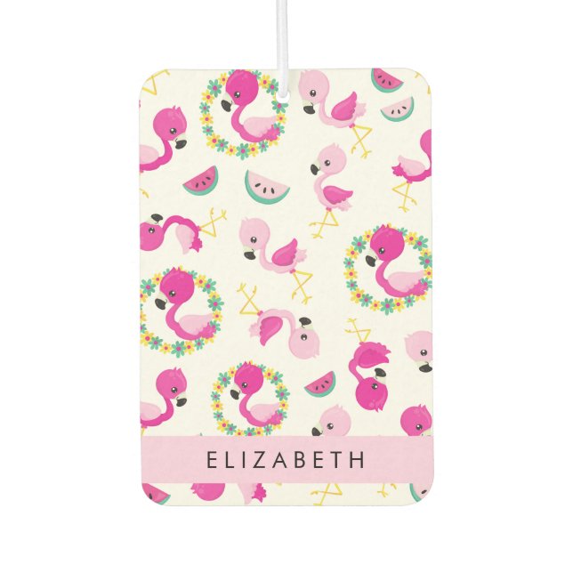 Tropisches Muster, Flamingos, Blume, Ihr Name Autolufterfrischer (Vorderseite)