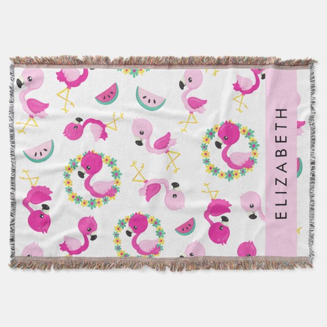 Tropisches Muster, Flamingos, Blume, Ihr Name Decke (Vorderseite)