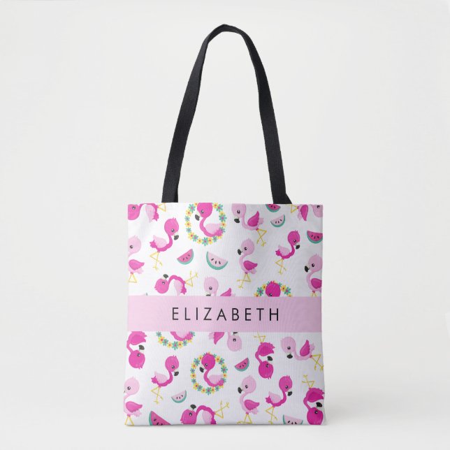 Tropisches Muster, Flamingos, Blume, Ihr Name Tasche (Vorderseite)