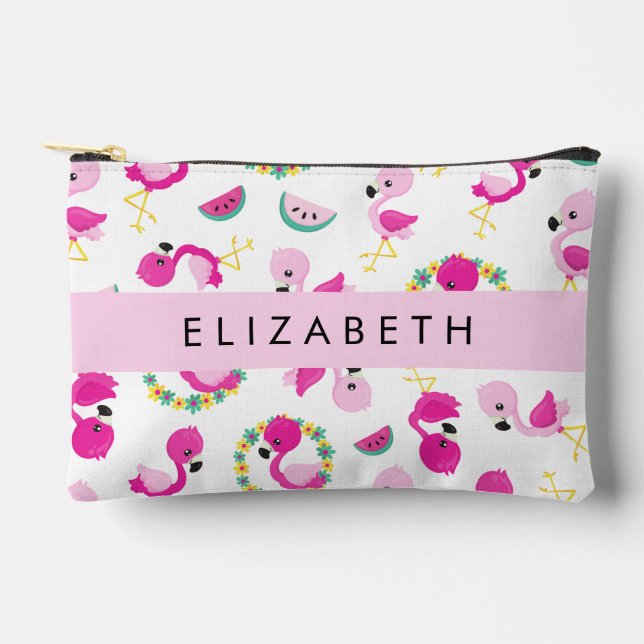 Tropisches Muster, Flamingos, Blume, Ihr Name Zubehörtasche (Vorderseite)