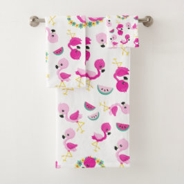 Tropisches Muster, Flamingos, Wassermelonen, Blume Badhandtuch Set